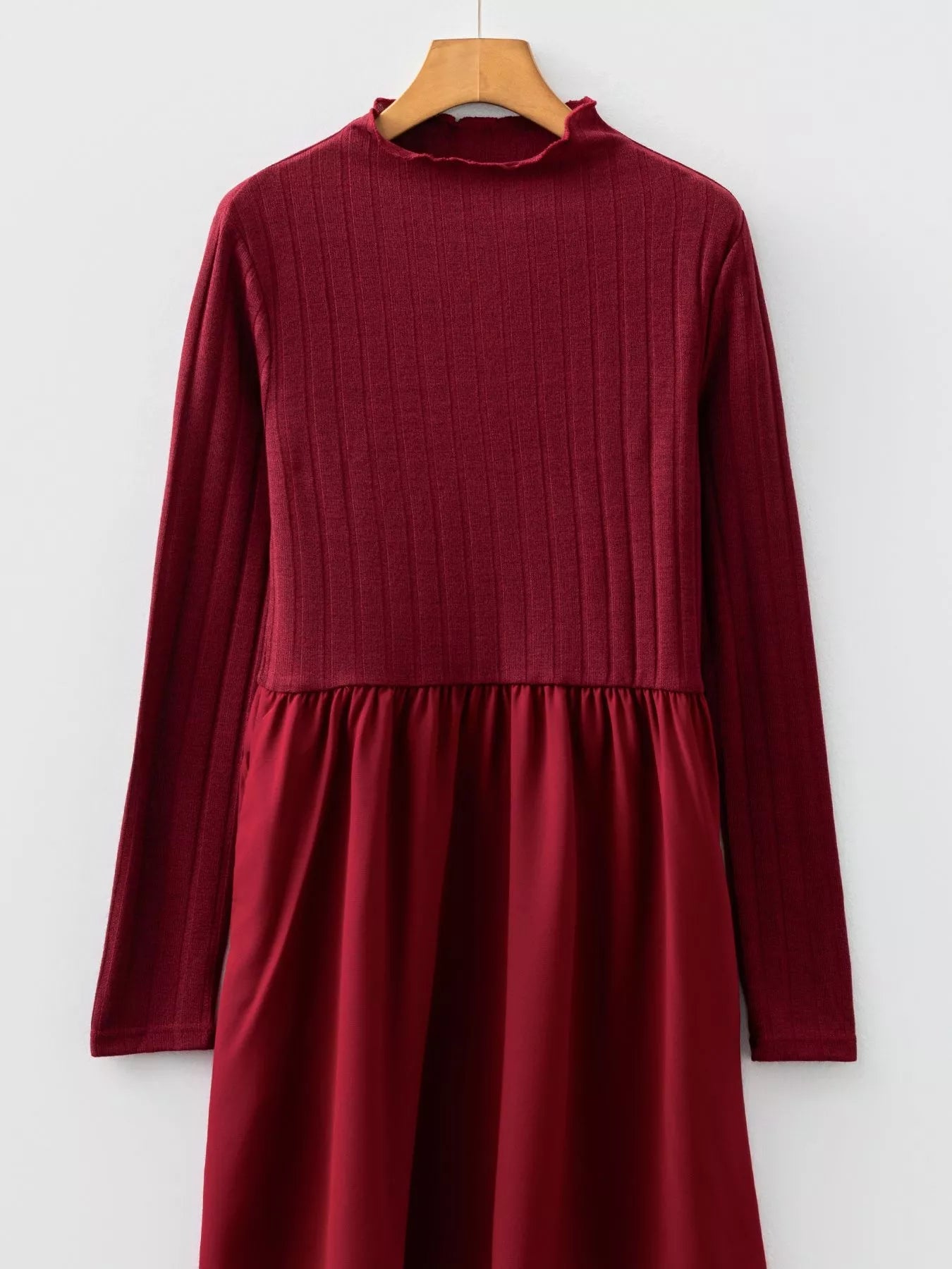 Frilled Neck Ribbed Knit Patchwork Long Sleeve Mini Dress - MAD RUFFI