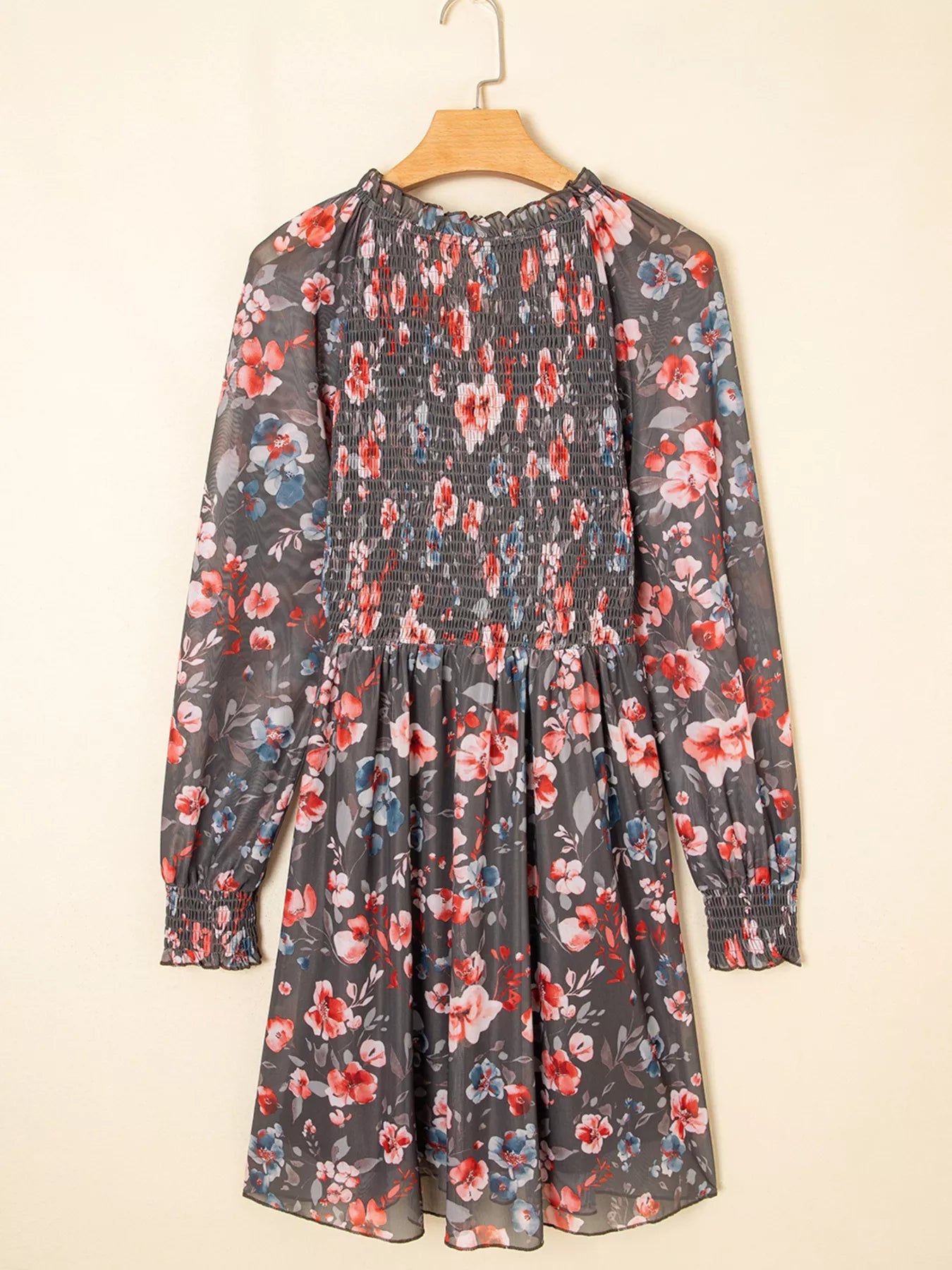 Frilly Smocked Bodice Floral Mesh Long Sleeve Mini Dress - MAD RUFFI