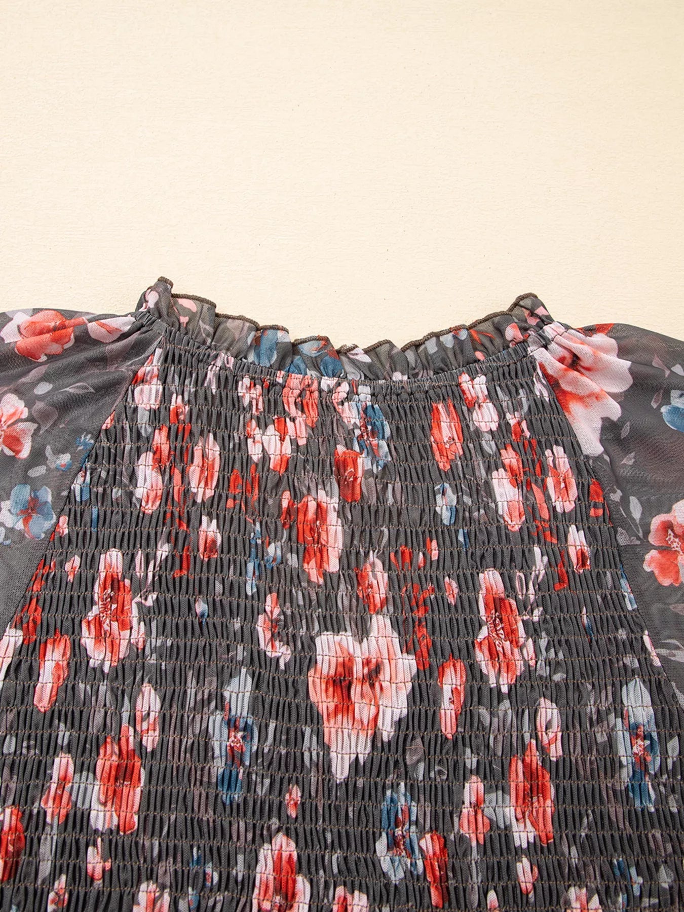 Frilly Smocked Bodice Floral Mesh Long Sleeve Mini Dress - MAD RUFFI