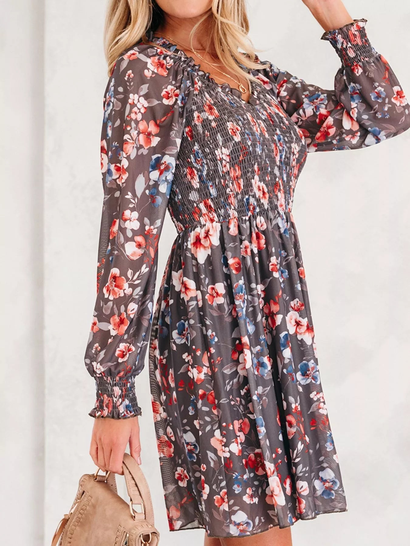 Frilly Smocked Bodice Floral Mesh Long Sleeve Mini Dress - MAD RUFFI