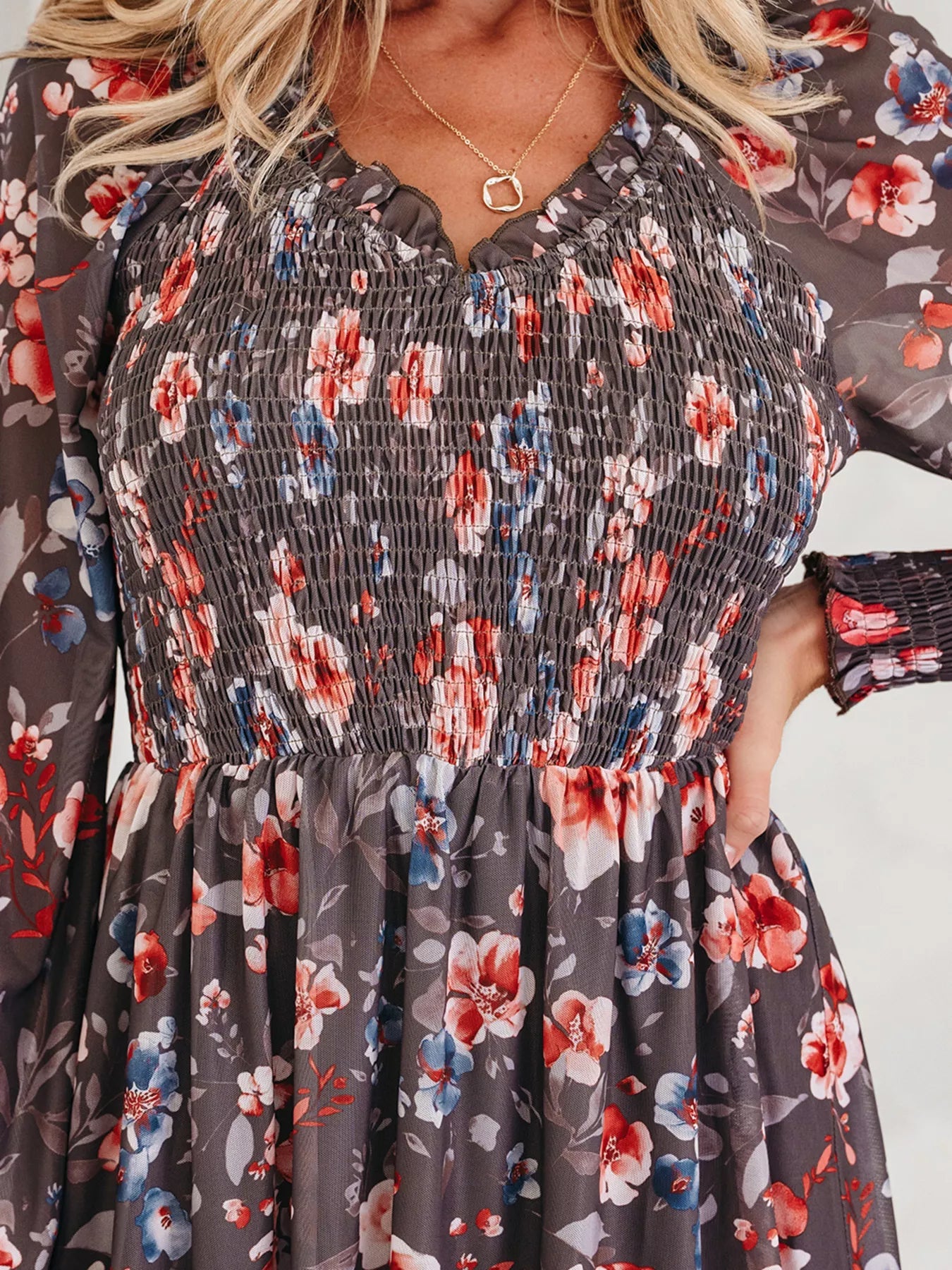 Frilly Smocked Bodice Floral Mesh Long Sleeve Mini Dress - MAD RUFFI