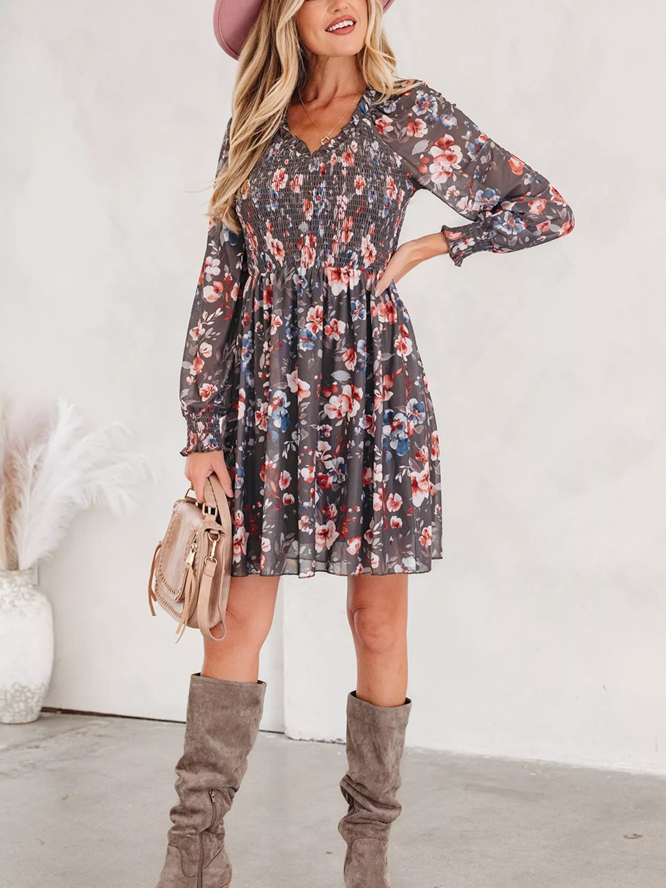 Frilly Smocked Bodice Floral Mesh Long Sleeve Mini Dress - MAD RUFFI