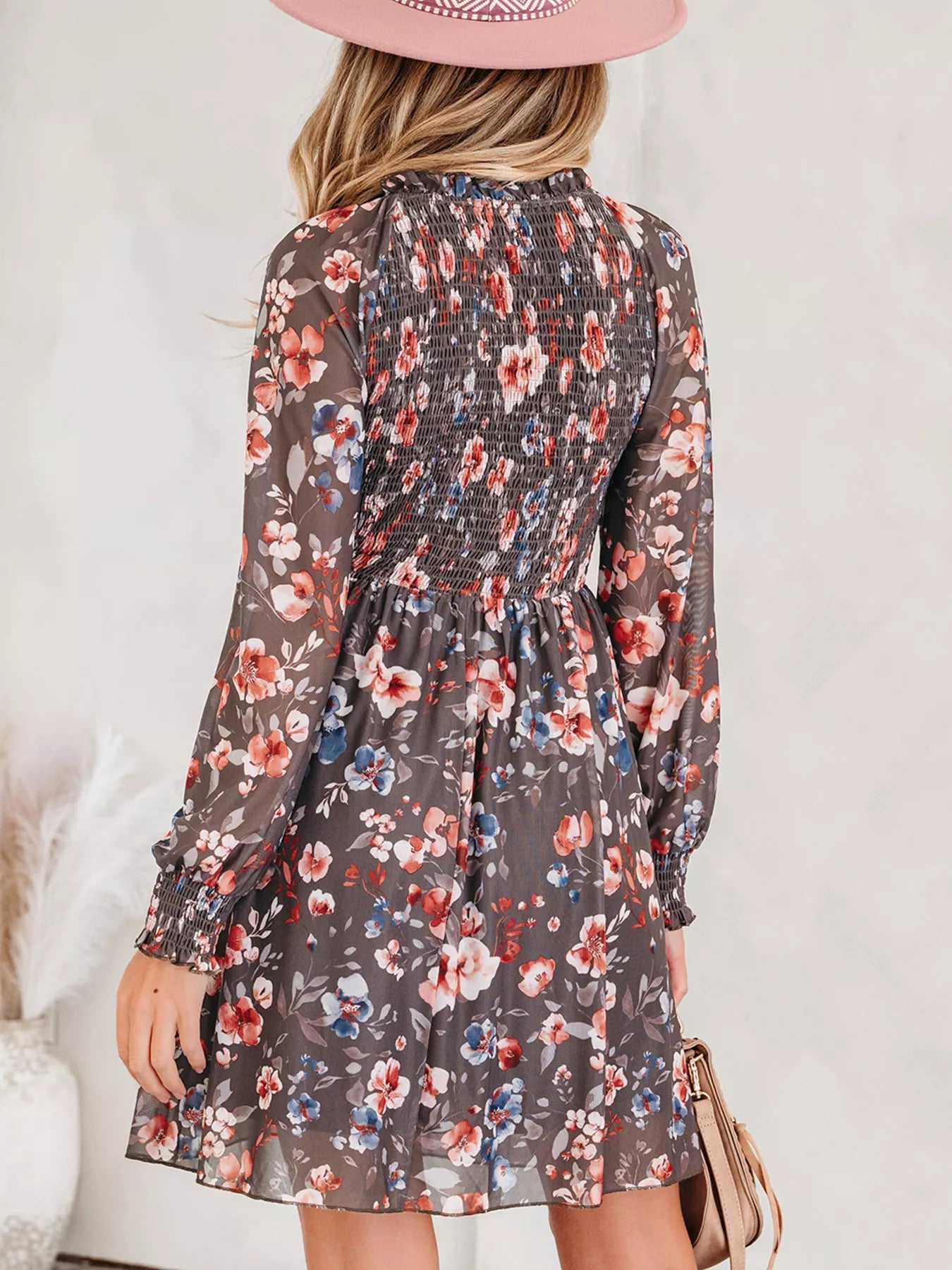 Frilly Smocked Bodice Floral Mesh Long Sleeve Mini Dress - MAD RUFFI