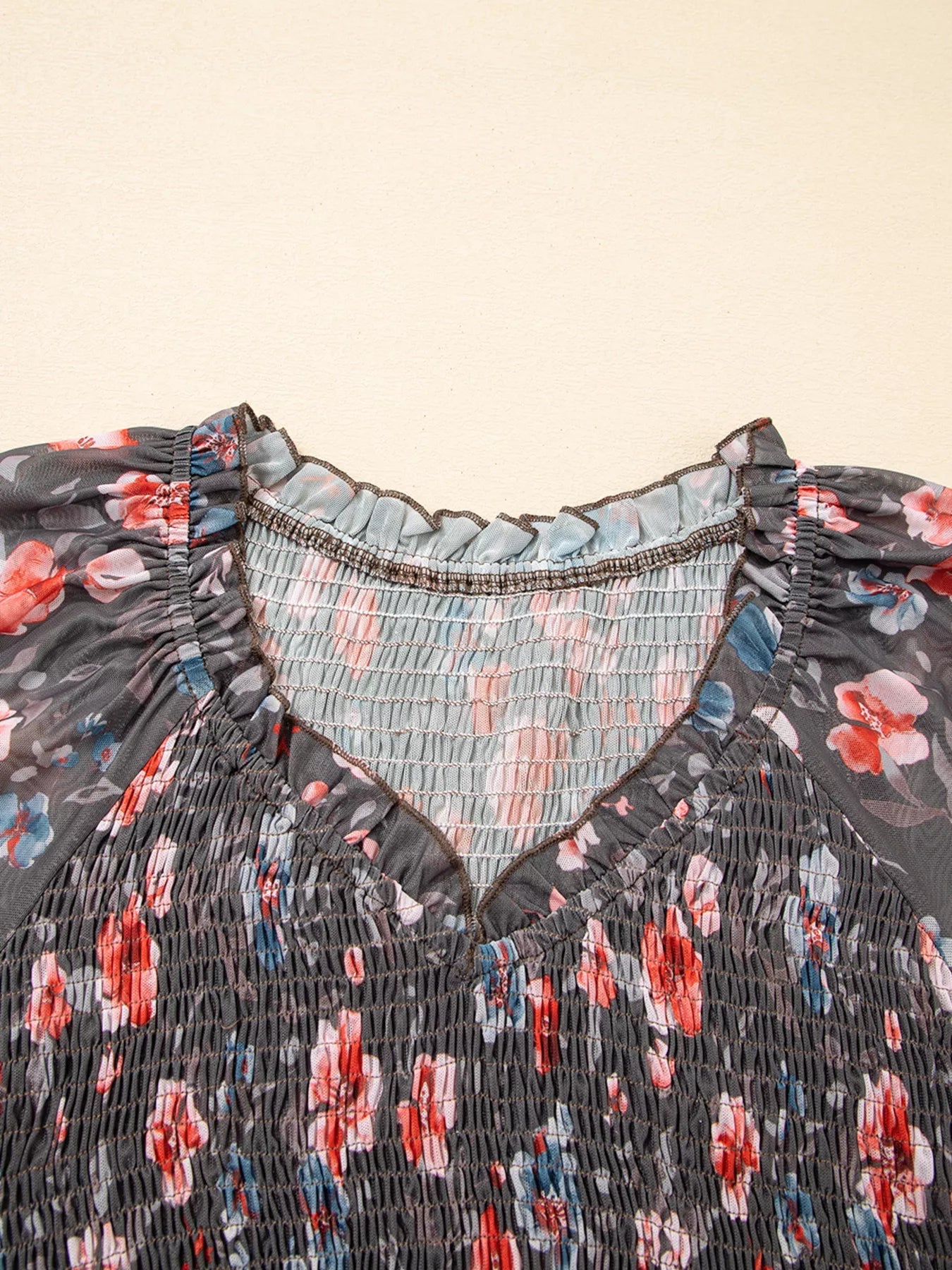 Frilly Smocked Bodice Floral Mesh Long Sleeve Mini Dress - MAD RUFFI