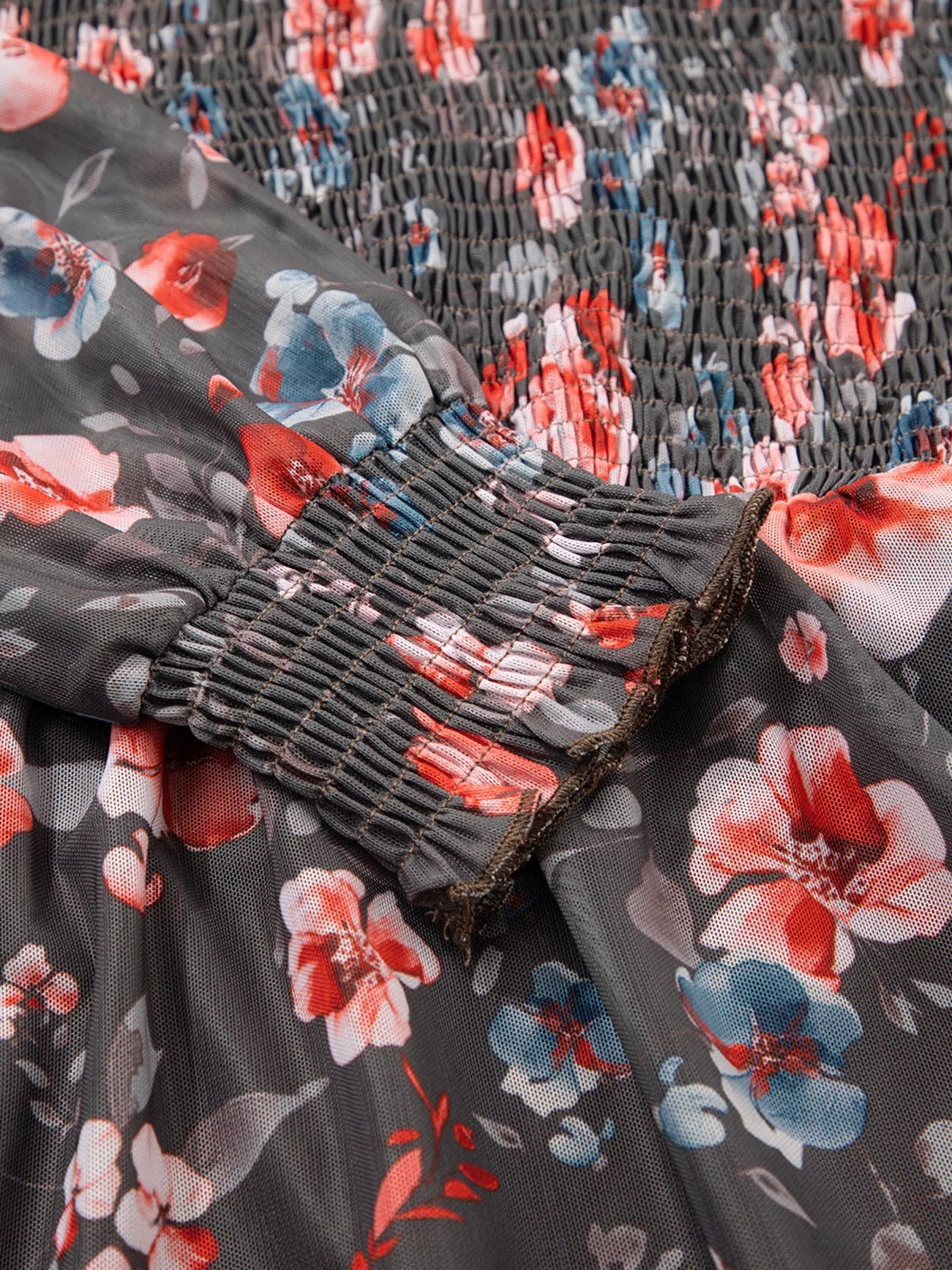 Frilly Smocked Bodice Floral Mesh Long Sleeve Mini Dress - MAD RUFFI