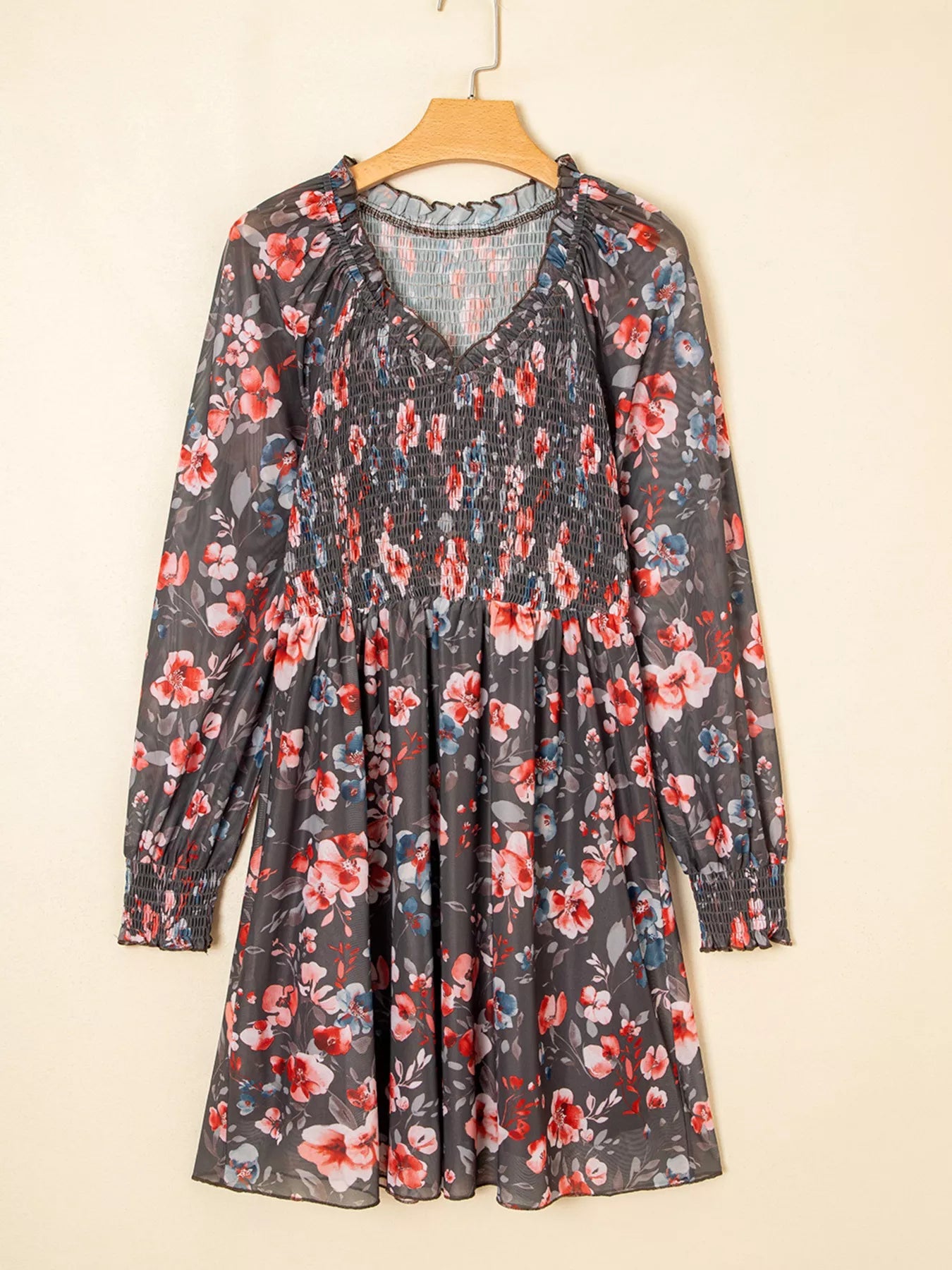 Frilly Smocked Bodice Floral Mesh Long Sleeve Mini Dress - MAD RUFFI