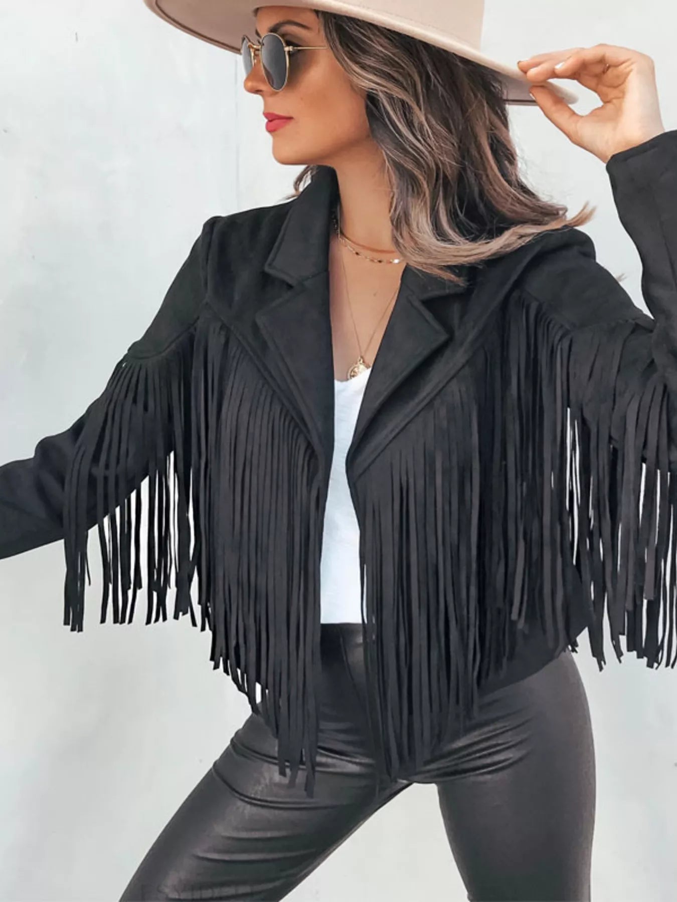 Fringe Open Front Cropped Jacket - MAD RUFFI
