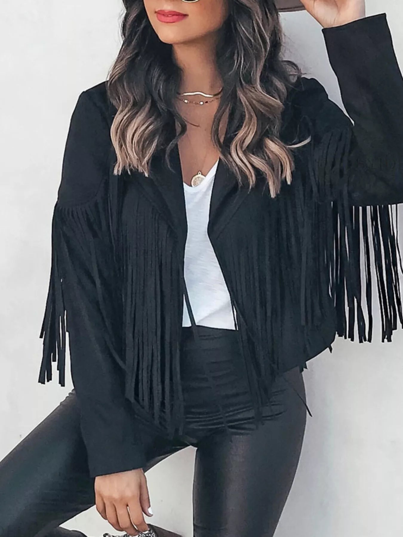Fringe Open Front Cropped Jacket - MAD RUFFI