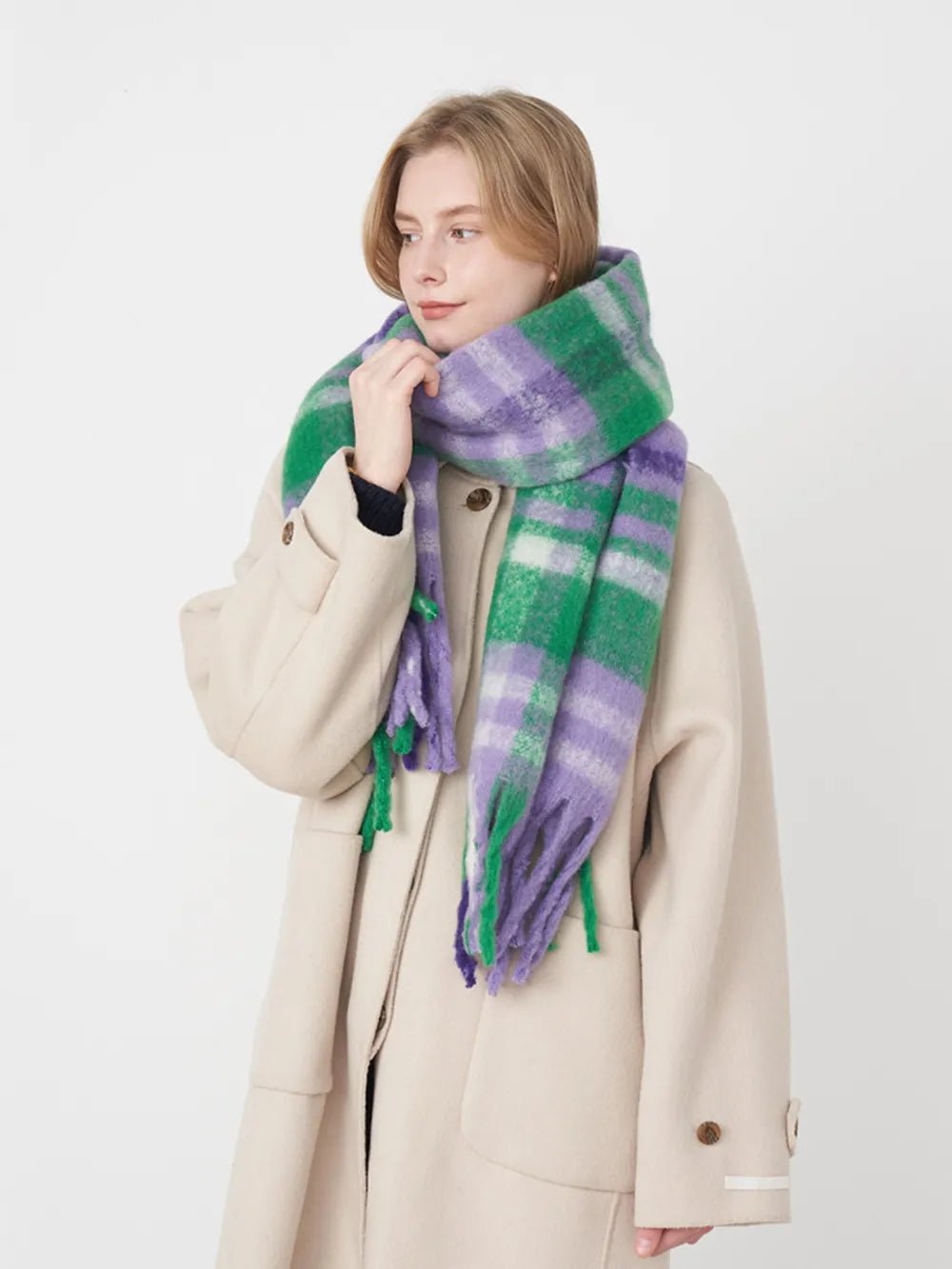 Fringe Plaid Polyester Scarf - MAD RUFFI