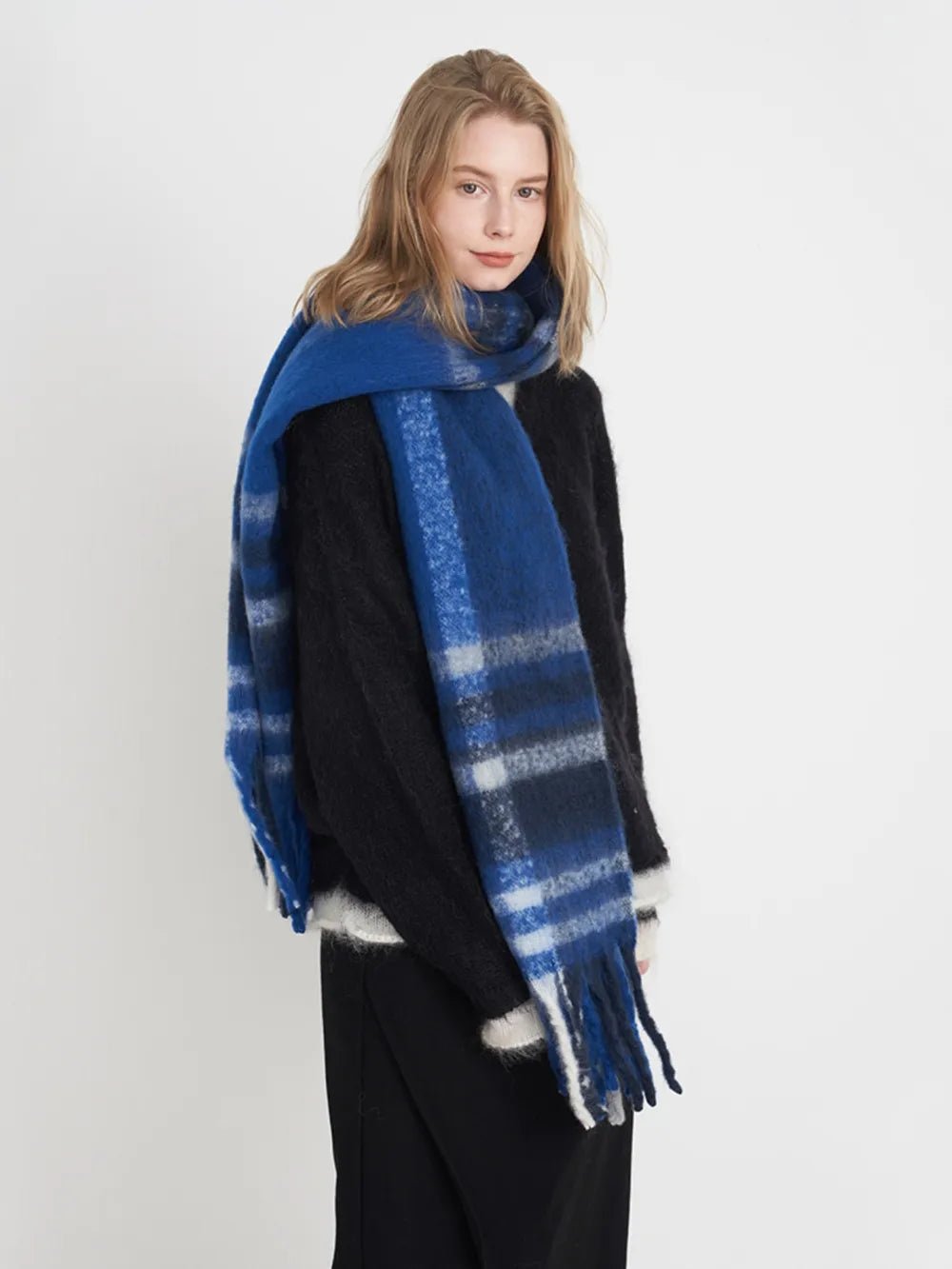 Fringe Plaid Polyester Scarf - MAD RUFFI