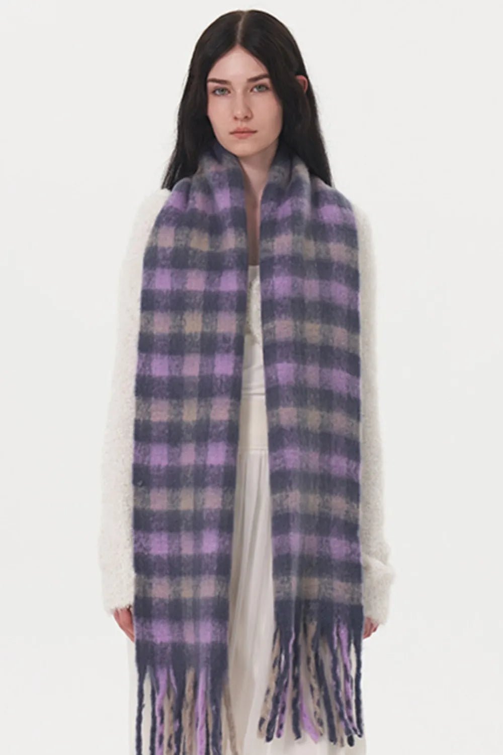 Fringe Plaid Polyester Scarf - MAD RUFFI