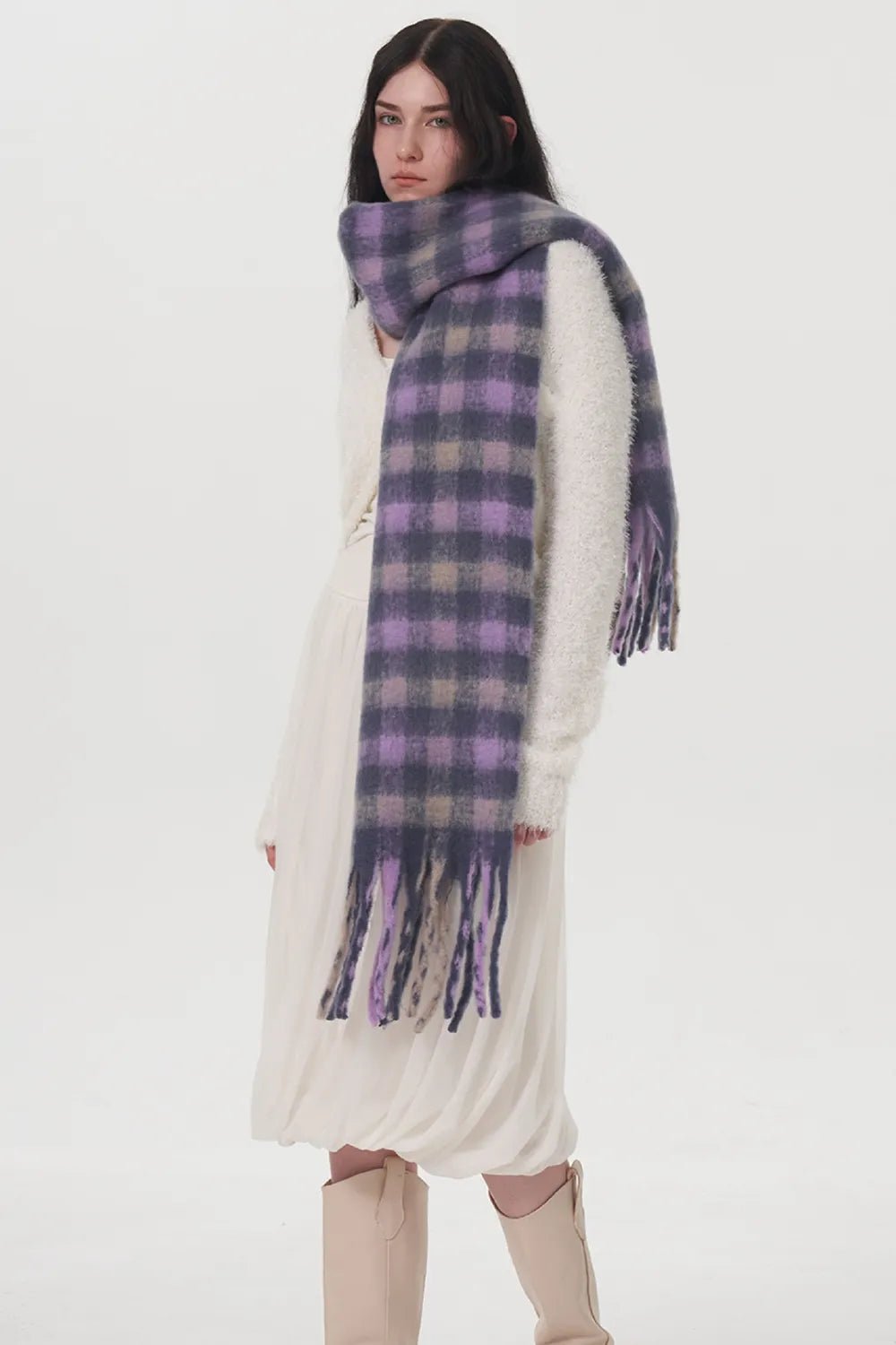 Fringe Plaid Polyester Scarf - MAD RUFFI