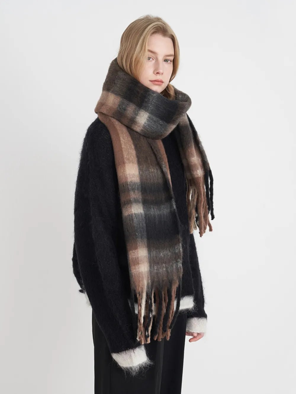 Fringe Plaid Polyester Scarf - MAD RUFFI