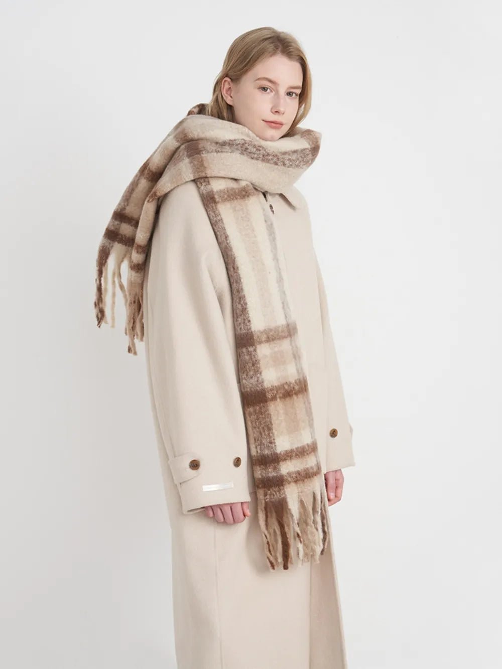 Fringe Plaid Polyester Scarf - MAD RUFFI