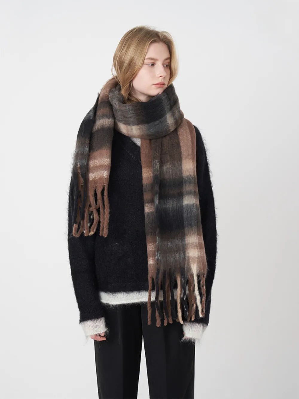 Fringe Plaid Polyester Scarf - MAD RUFFI