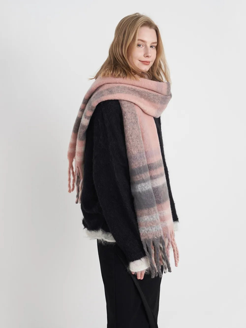 Fringe Plaid Polyester Scarf - MAD RUFFI