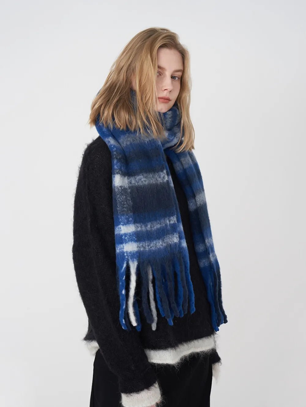 Fringe Plaid Polyester Scarf - MAD RUFFI