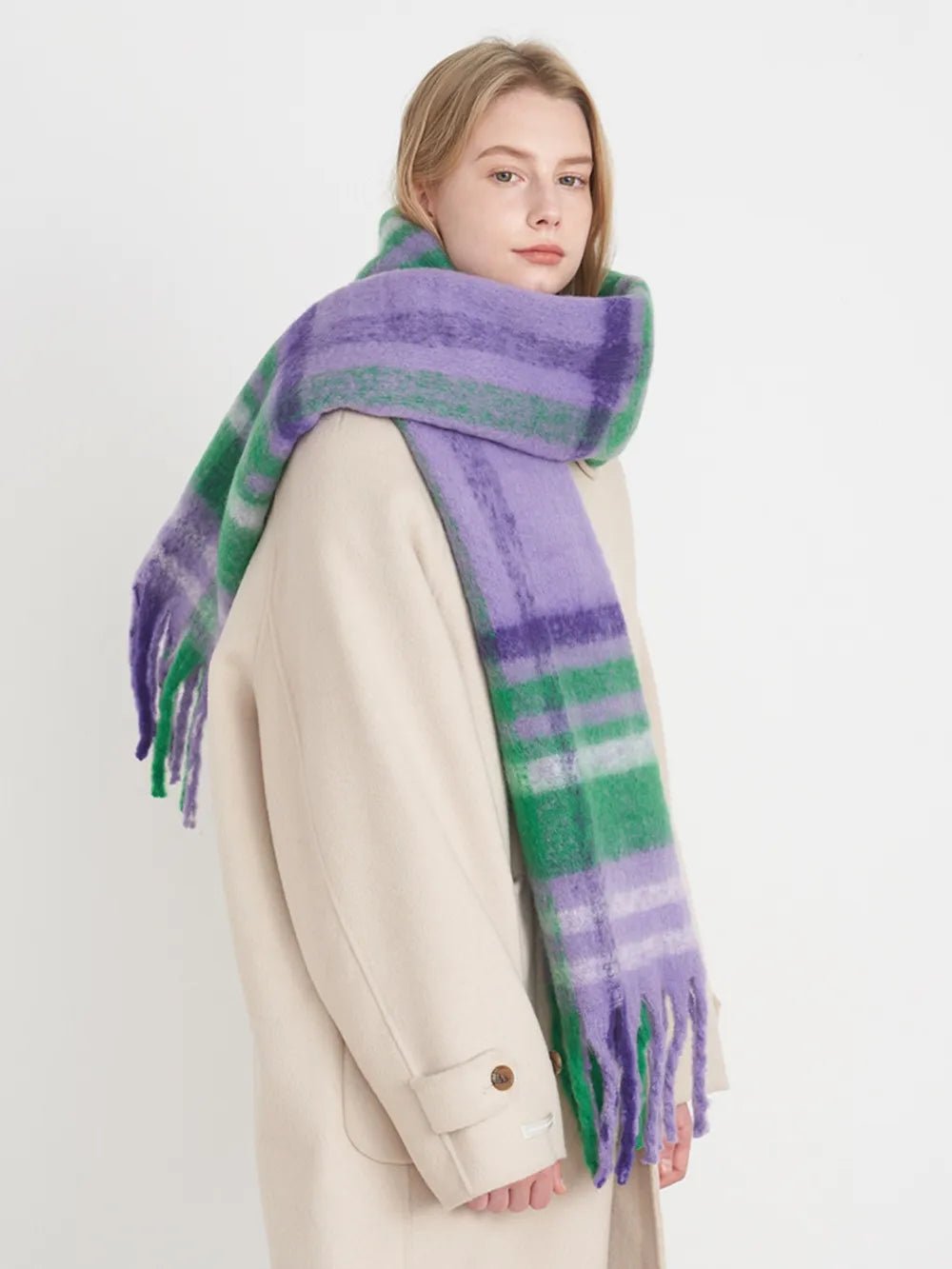 Fringe Plaid Polyester Scarf - MAD RUFFI