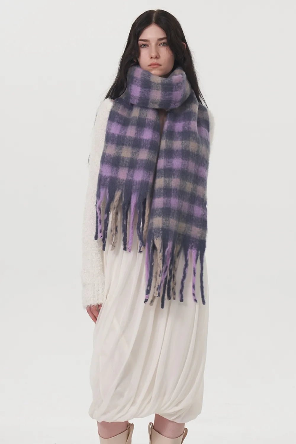 Fringe Plaid Polyester Scarf - MAD RUFFI