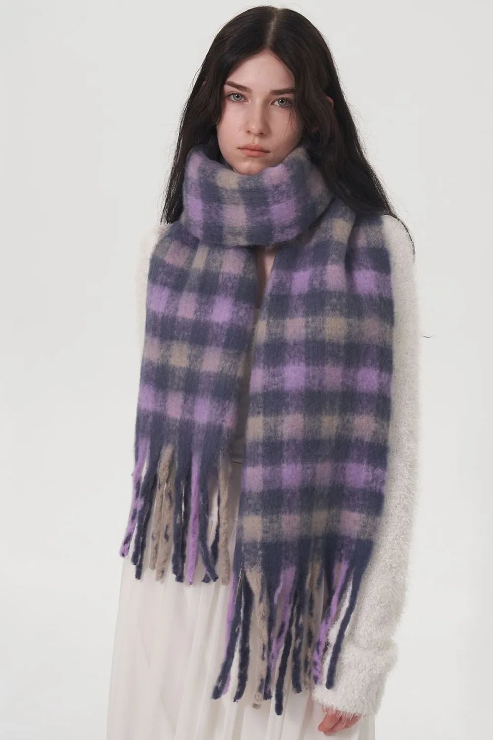 Fringe Plaid Polyester Scarf - MAD RUFFI