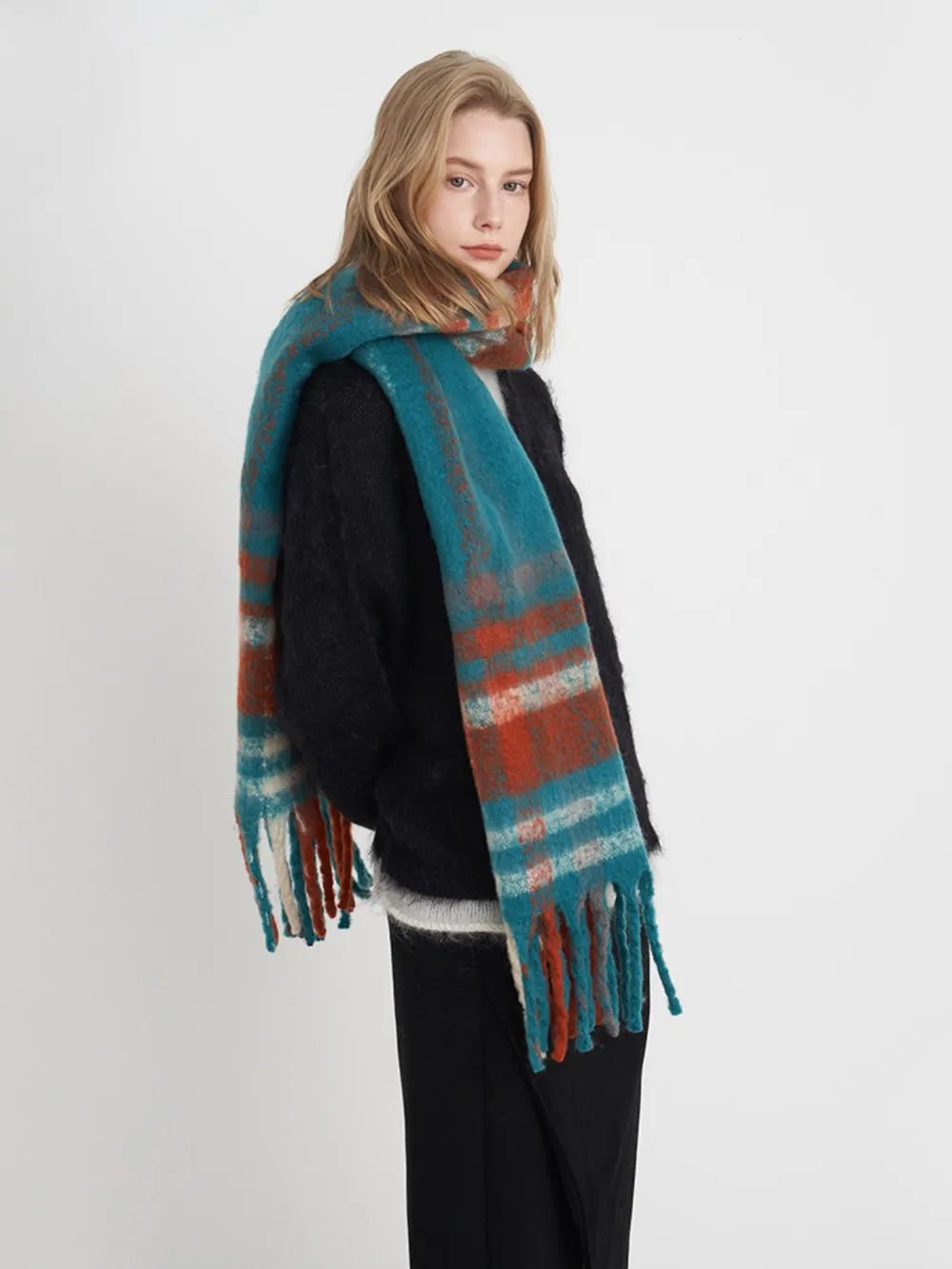 Fringe Plaid Polyester Scarf - MAD RUFFI