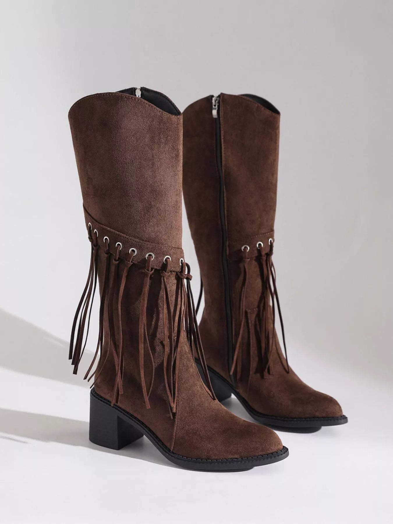 Fringe Point Toe Block Heels Boots - MAD RUFFI