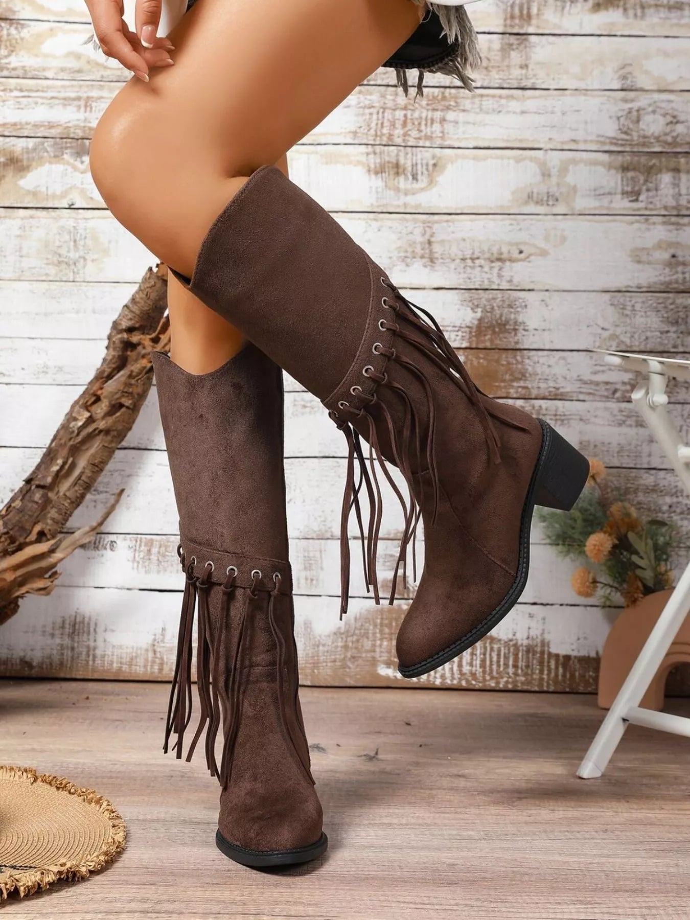 Fringe Point Toe Block Heels Boots - MAD RUFFI