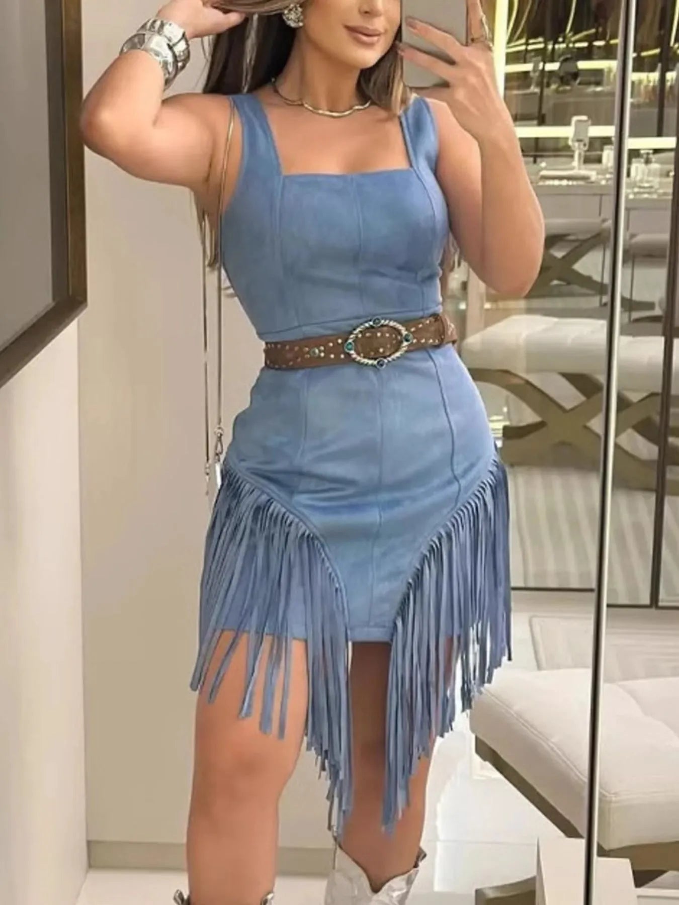 Fringe Square Neck Bodycon Mini Dress - MAD RUFFI