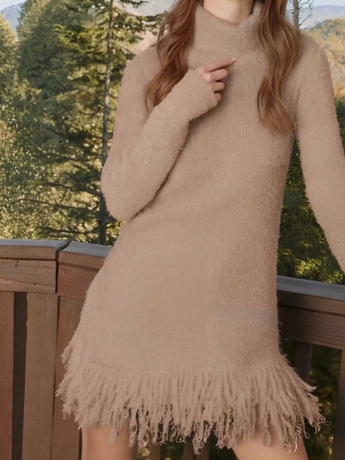 Fringe Turtleneck Long Sleeve Sweater Dress - MAD RUFFI