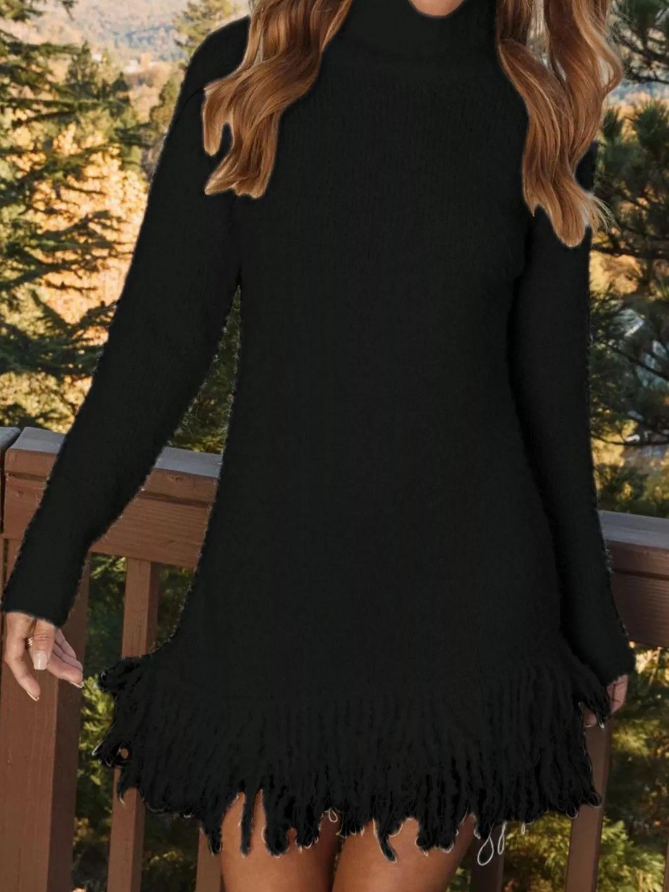 Fringe Turtleneck Long Sleeve Sweater Dress - MAD RUFFI