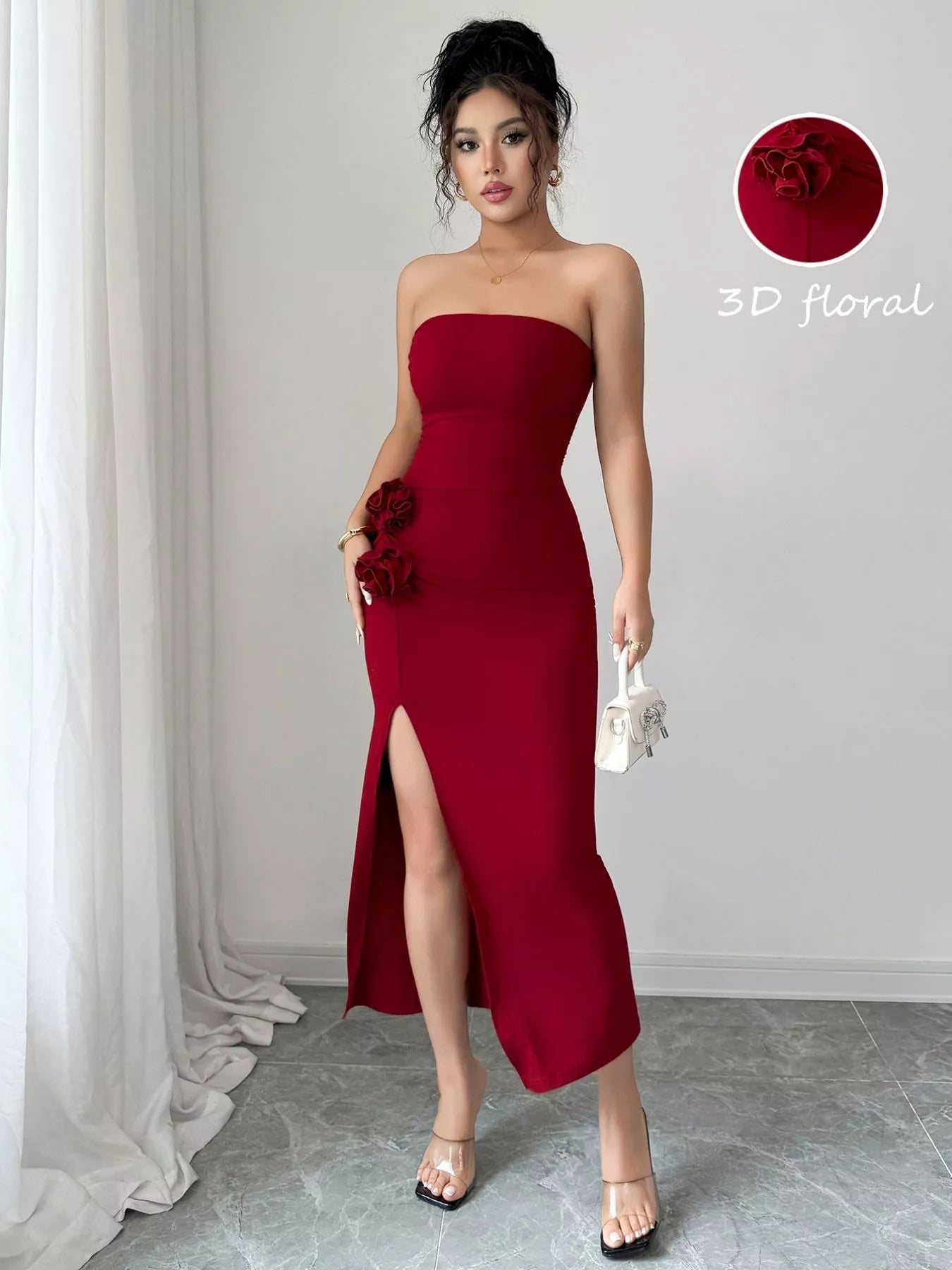 Front Split Strapless Dress with Floral Detail - MAD RUFFI