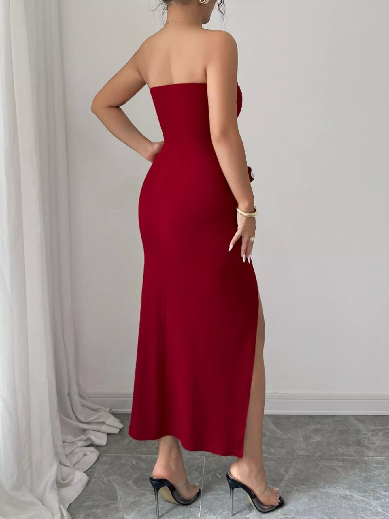 Front Split Strapless Dress with Floral Detail - MAD RUFFI