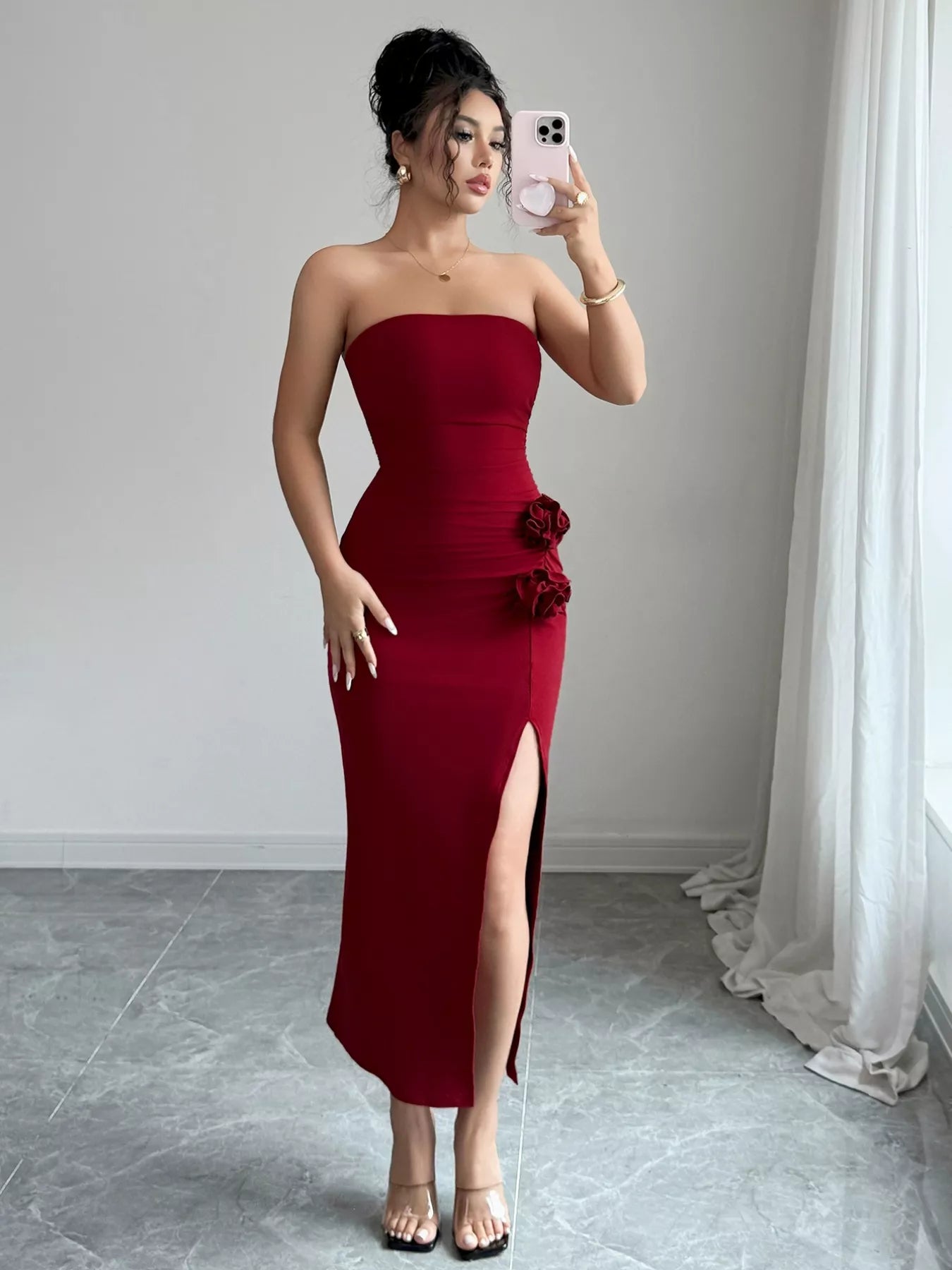 Front Split Strapless Dress with Floral Detail - MAD RUFFI