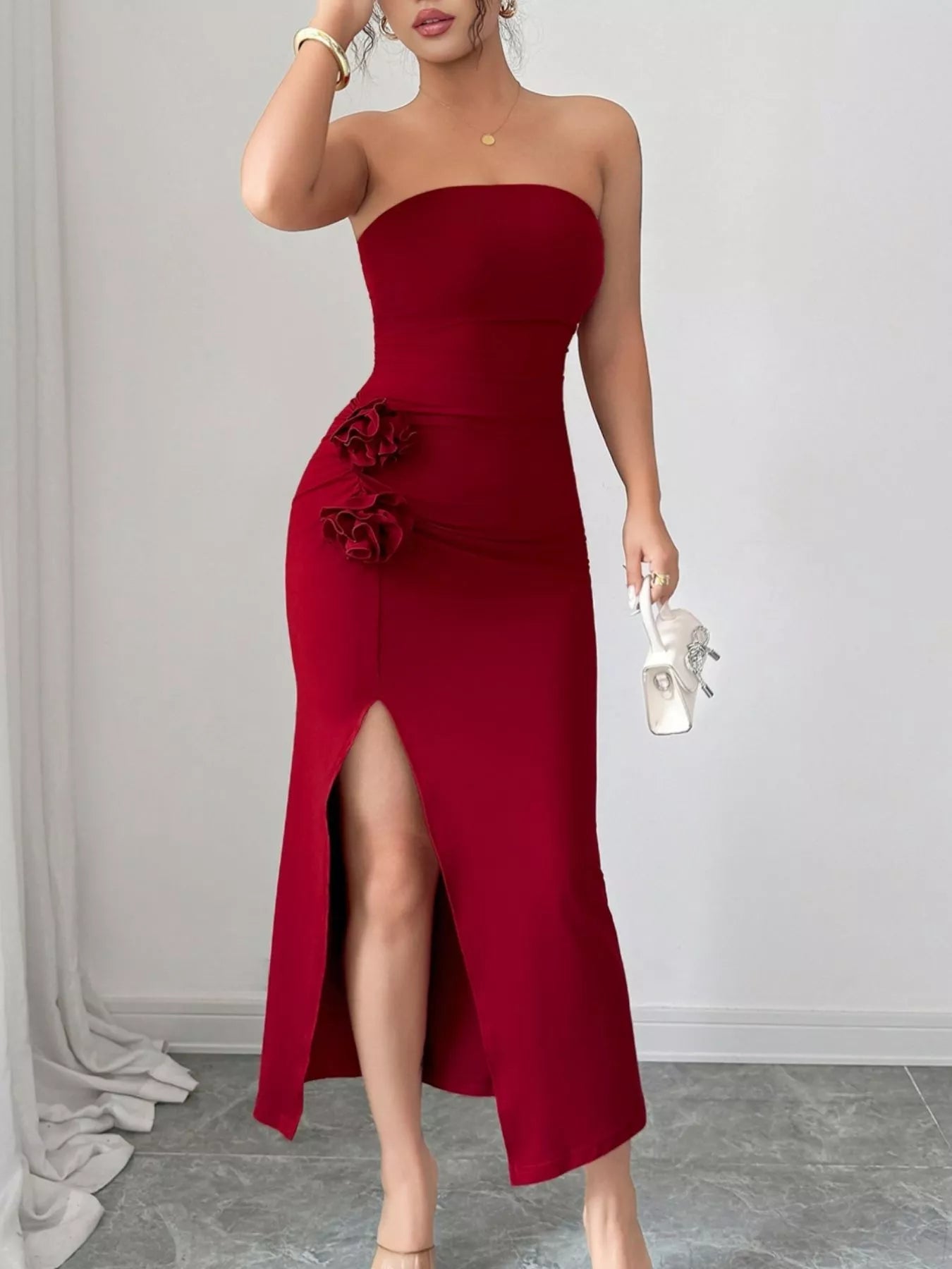 Front Split Strapless Dress with Floral Detail - MAD RUFFI