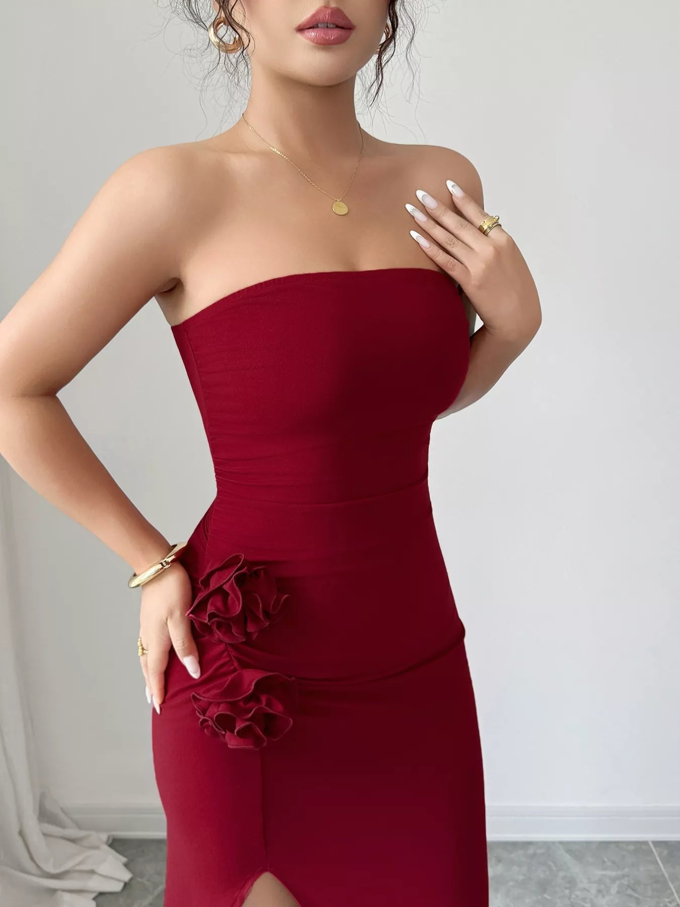 Front Split Strapless Dress with Floral Detail - MAD RUFFI