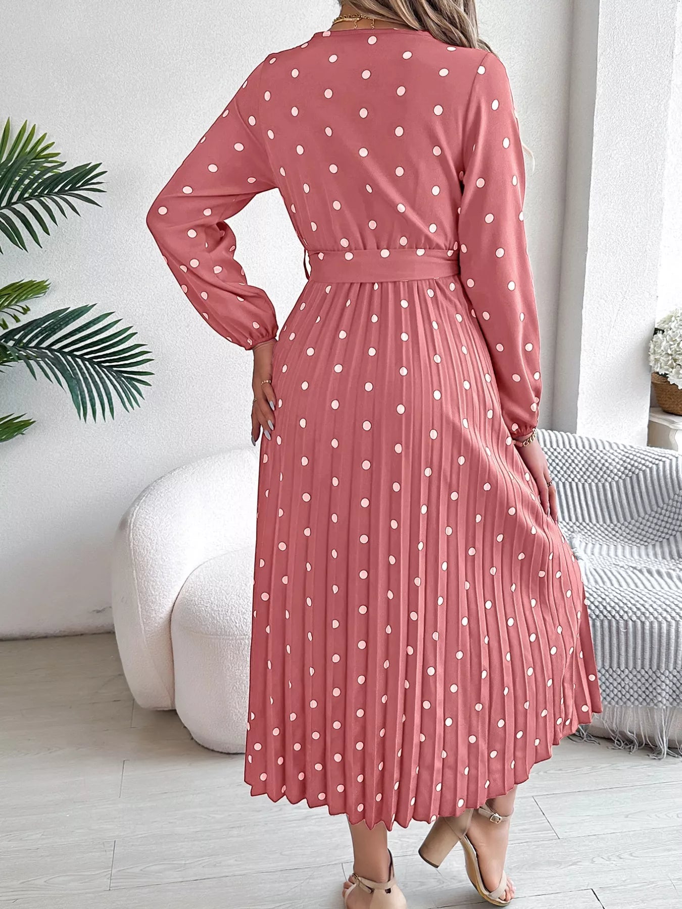 Front Tie Polka Dot Midi Pleated Dress - MAD RUFFI
