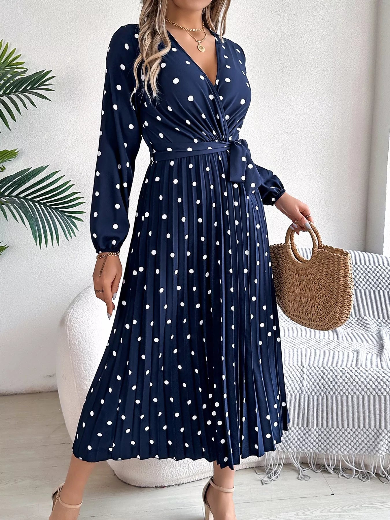 Front Tie Polka Dot Midi Pleated Dress - MAD RUFFI