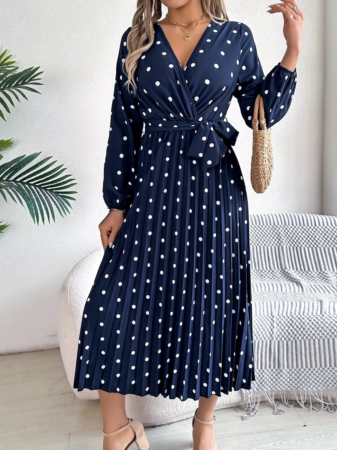 Front Tie Polka Dot Midi Pleated Dress - MAD RUFFI