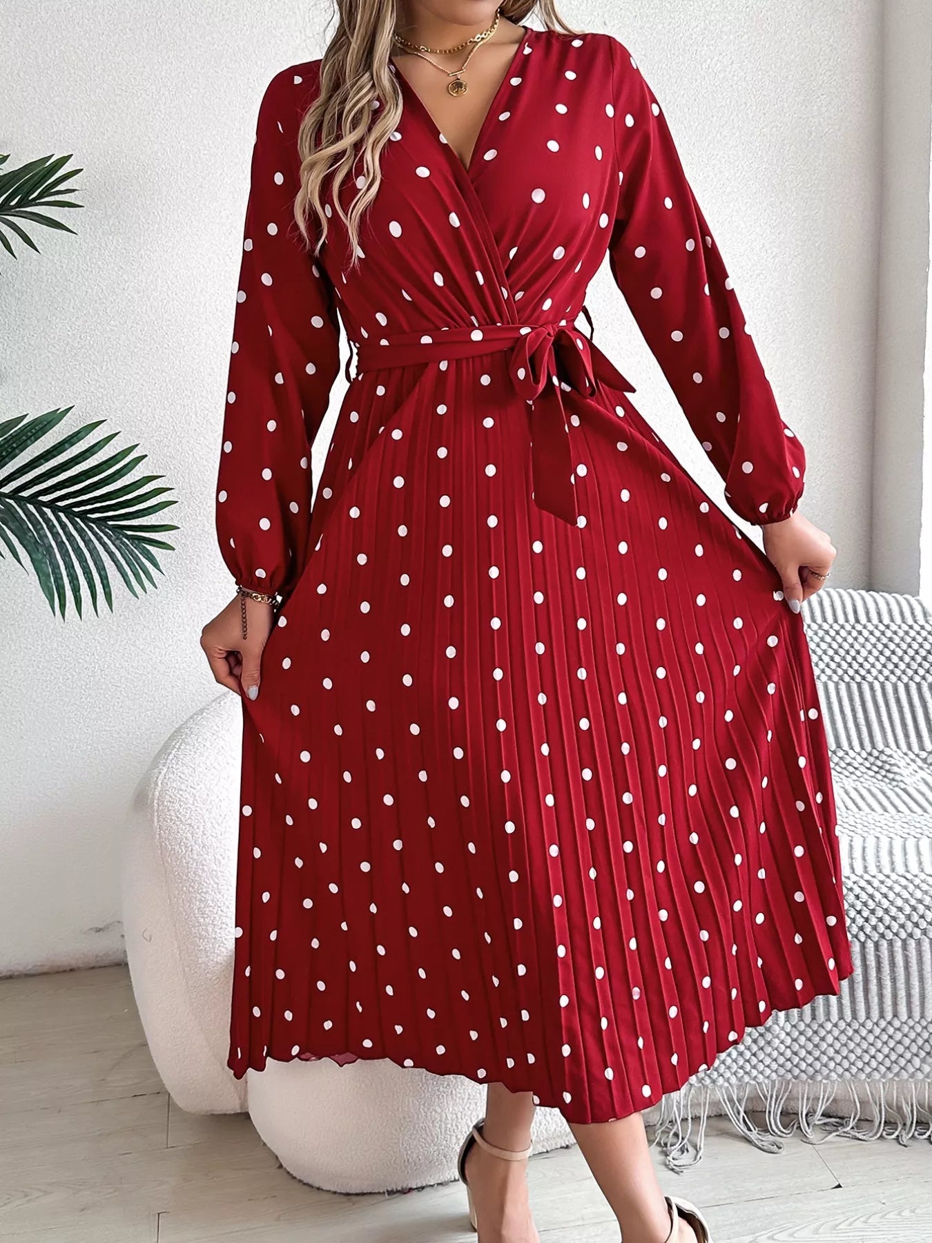Front Tie Polka Dot Midi Pleated Dress - MAD RUFFI
