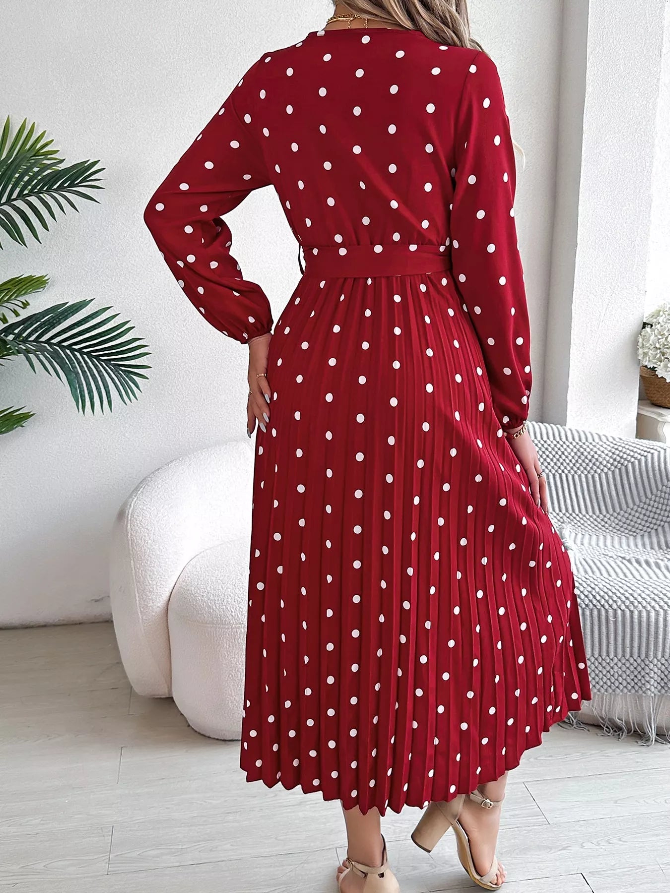 Front Tie Polka Dot Midi Pleated Dress - MAD RUFFI