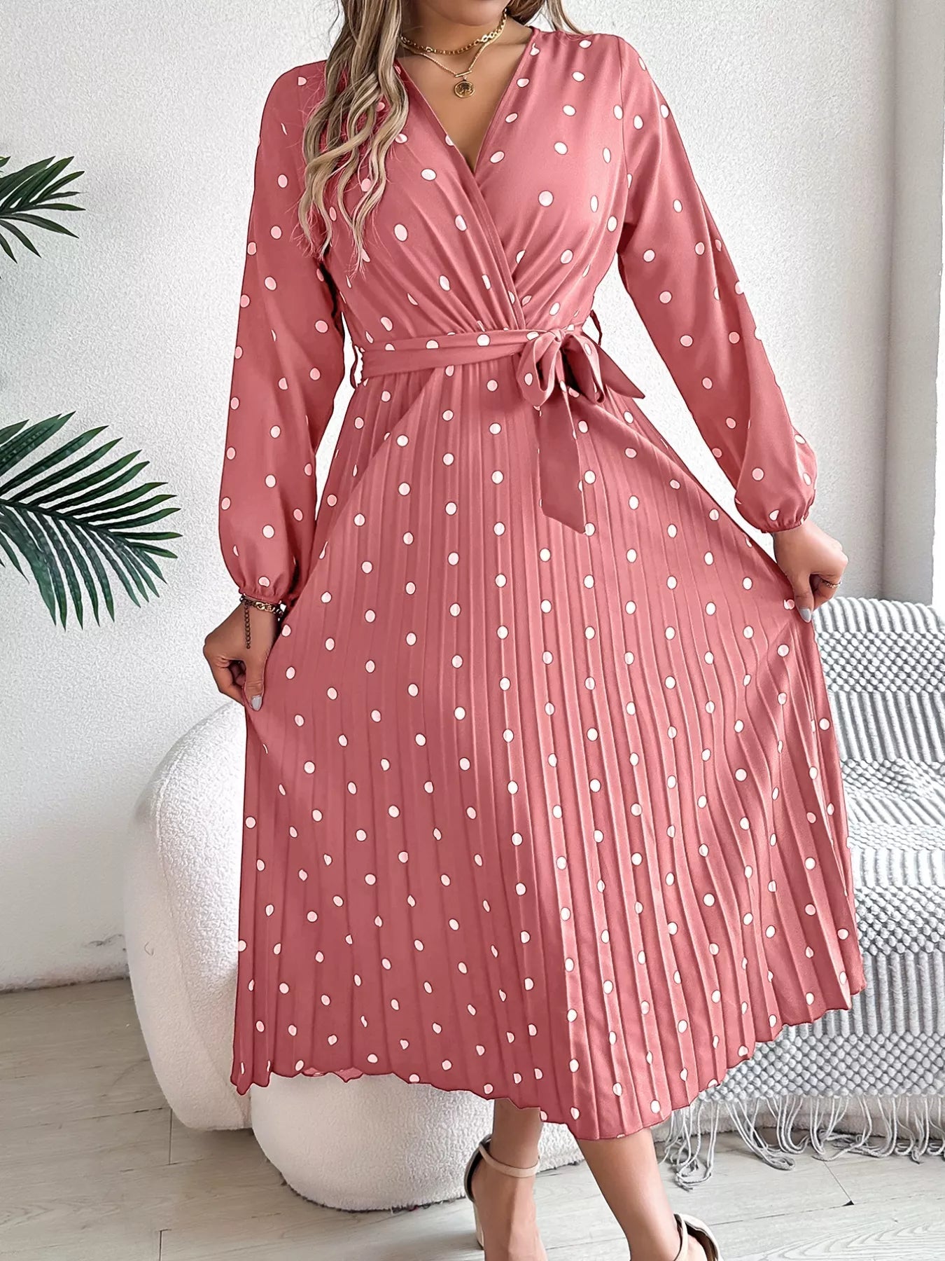Front Tie Polka Dot Midi Pleated Dress - MAD RUFFI