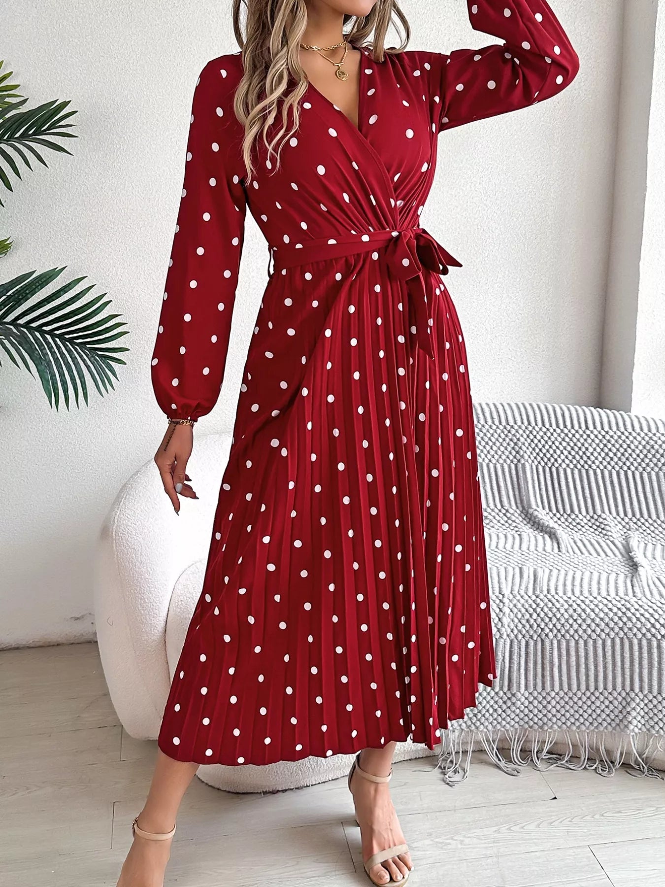 Front Tie Polka Dot Midi Pleated Dress - MAD RUFFI