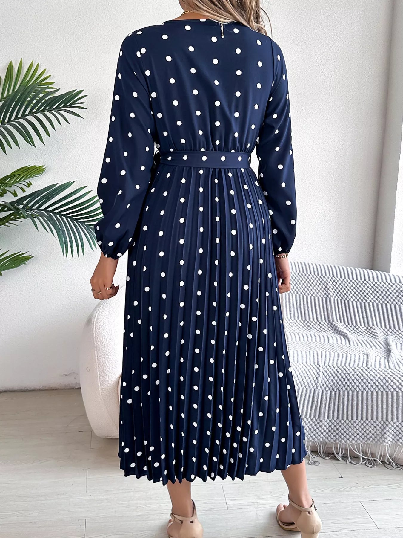 Front Tie Polka Dot Midi Pleated Dress - MAD RUFFI