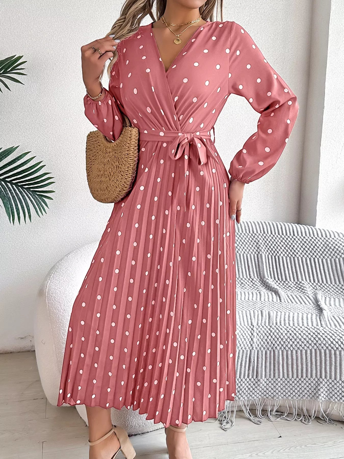 Front Tie Polka Dot Midi Pleated Dress - MAD RUFFI