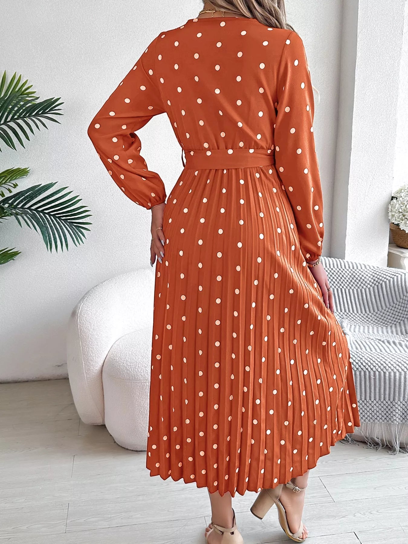Front Tie Polka Dot Midi Pleated Dress - MAD RUFFI