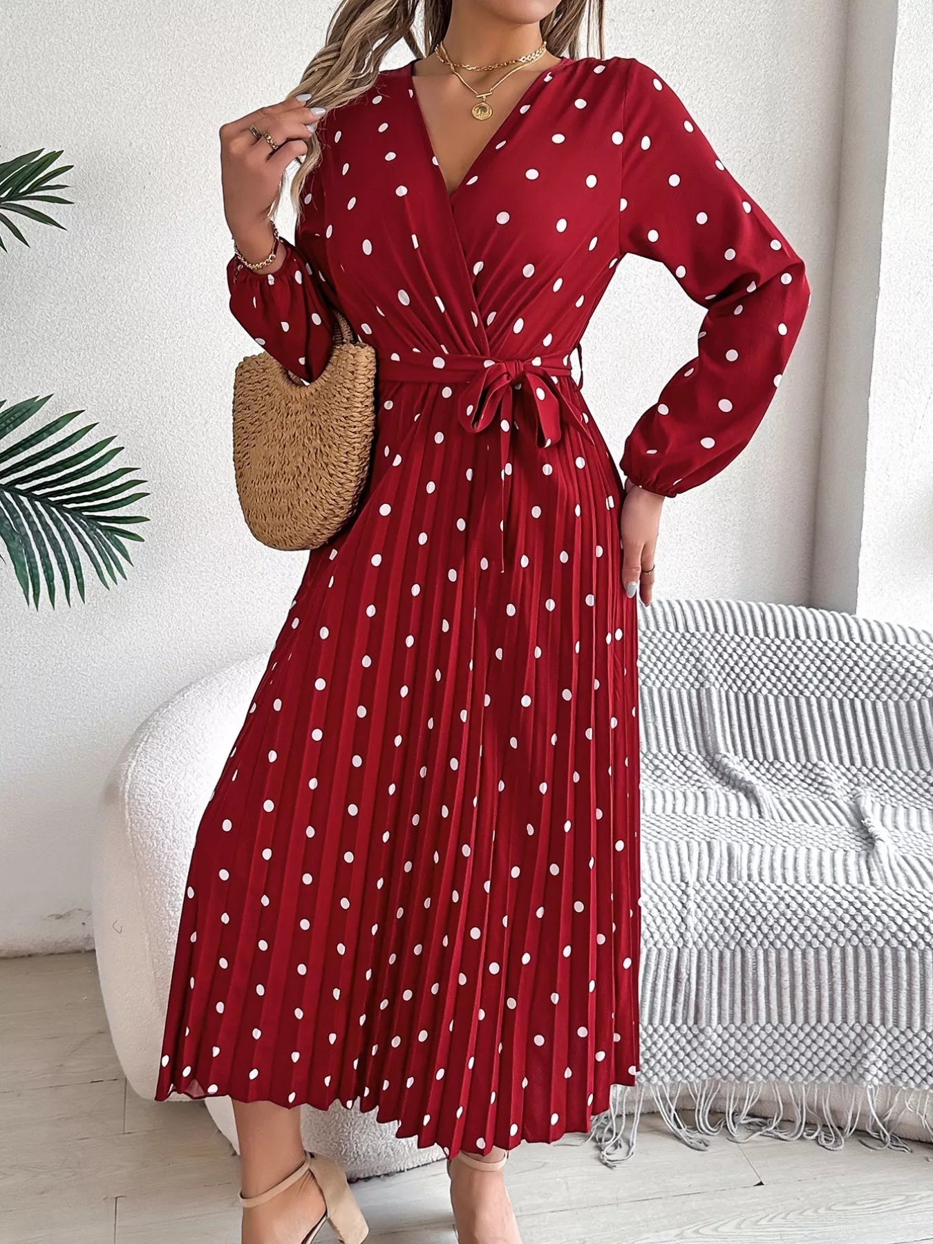 Front Tie Polka Dot Midi Pleated Dress - MAD RUFFI