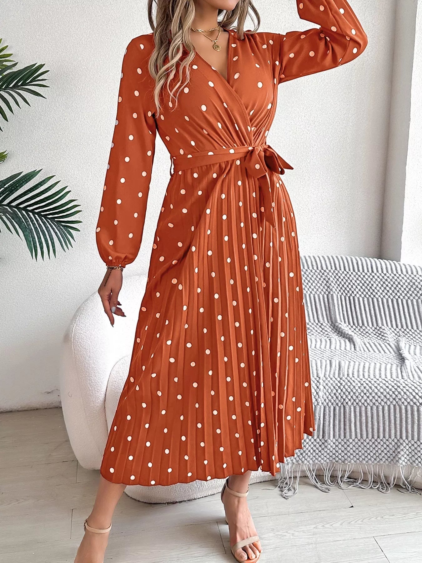 Front Tie Polka Dot Midi Pleated Dress - MAD RUFFI