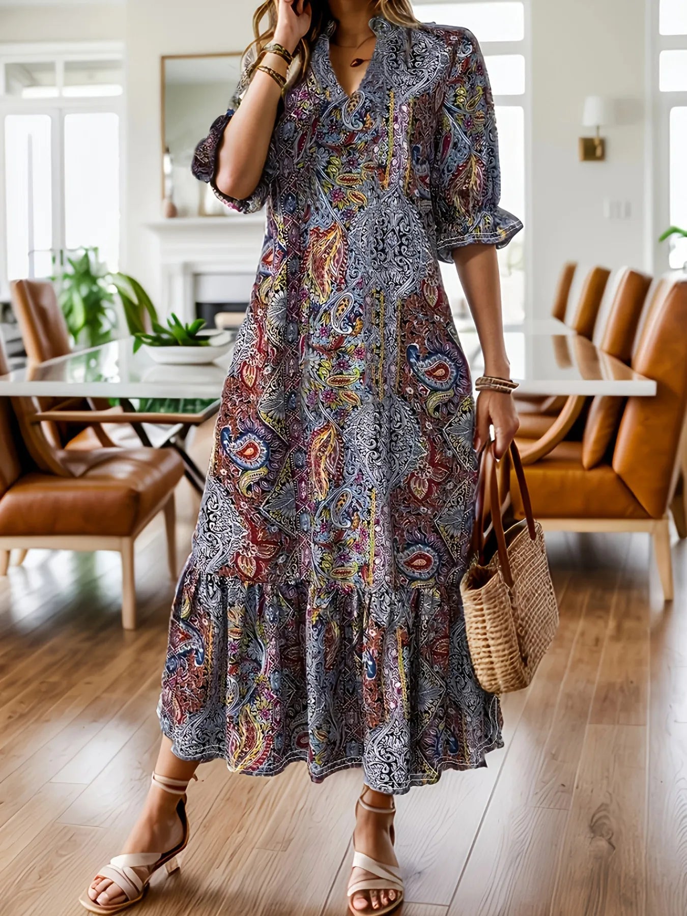 Full Size Bohemian Paisley Print Ruffle Hem Midi Dress Plus Size - MAD RUFFI
