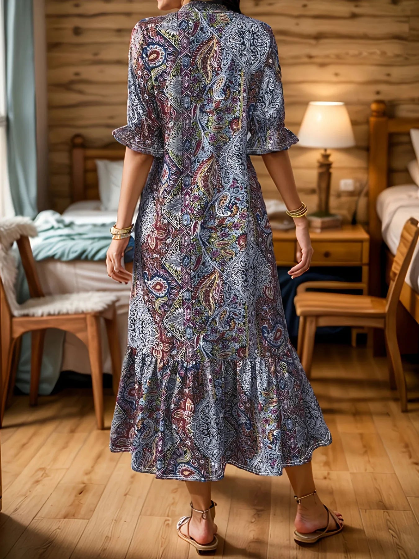Full Size Bohemian Paisley Print Ruffle Hem Midi Dress Plus Size - MAD RUFFI