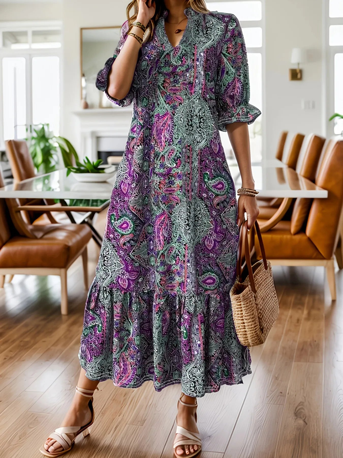Full Size Bohemian Paisley Print Ruffle Hem Midi Dress Plus Size - MAD RUFFI